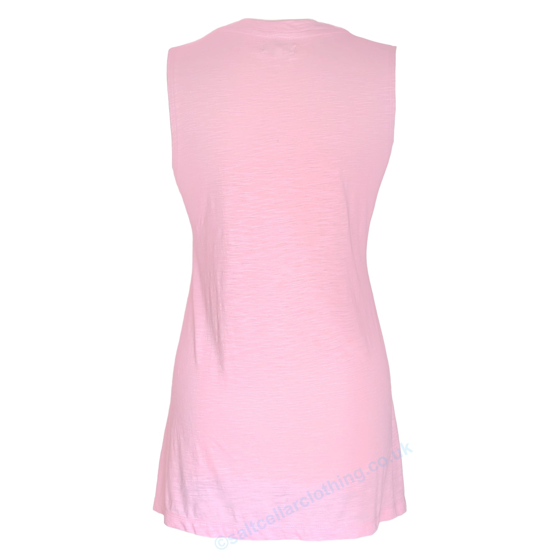 Back view of a womens Mudd & Water sleeveless Rozela Vest in Candy Pink on a white background