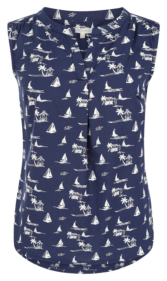 Front view of a womens Mudd & Water sleeveless Sunrise Blouse in Navy with a tropical nautical print on a white background