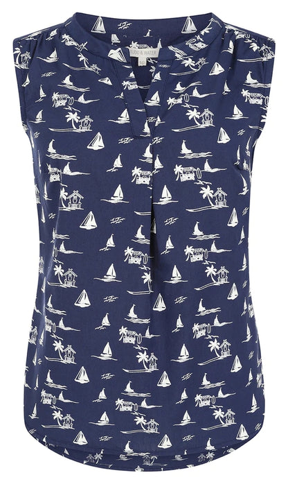 Front view of a womens Mudd & Water sleeveless Sunrise Blouse in Navy with a tropical nautical print on a white background