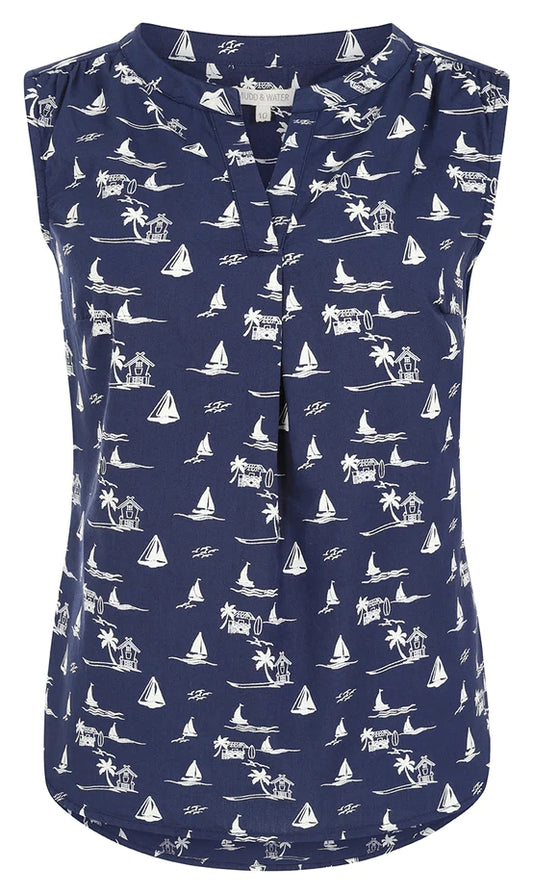 Front view of a womens Mudd & Water sleeveless Sunrise Blouse in Navy with a tropical nautical print on a white background