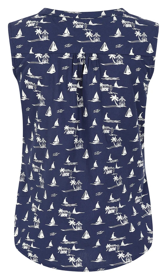 Back view of a Mudd & Water womens sleeveless Sunrise Blouse in navy with a nautical sailboat and palm tree pattern on a white background