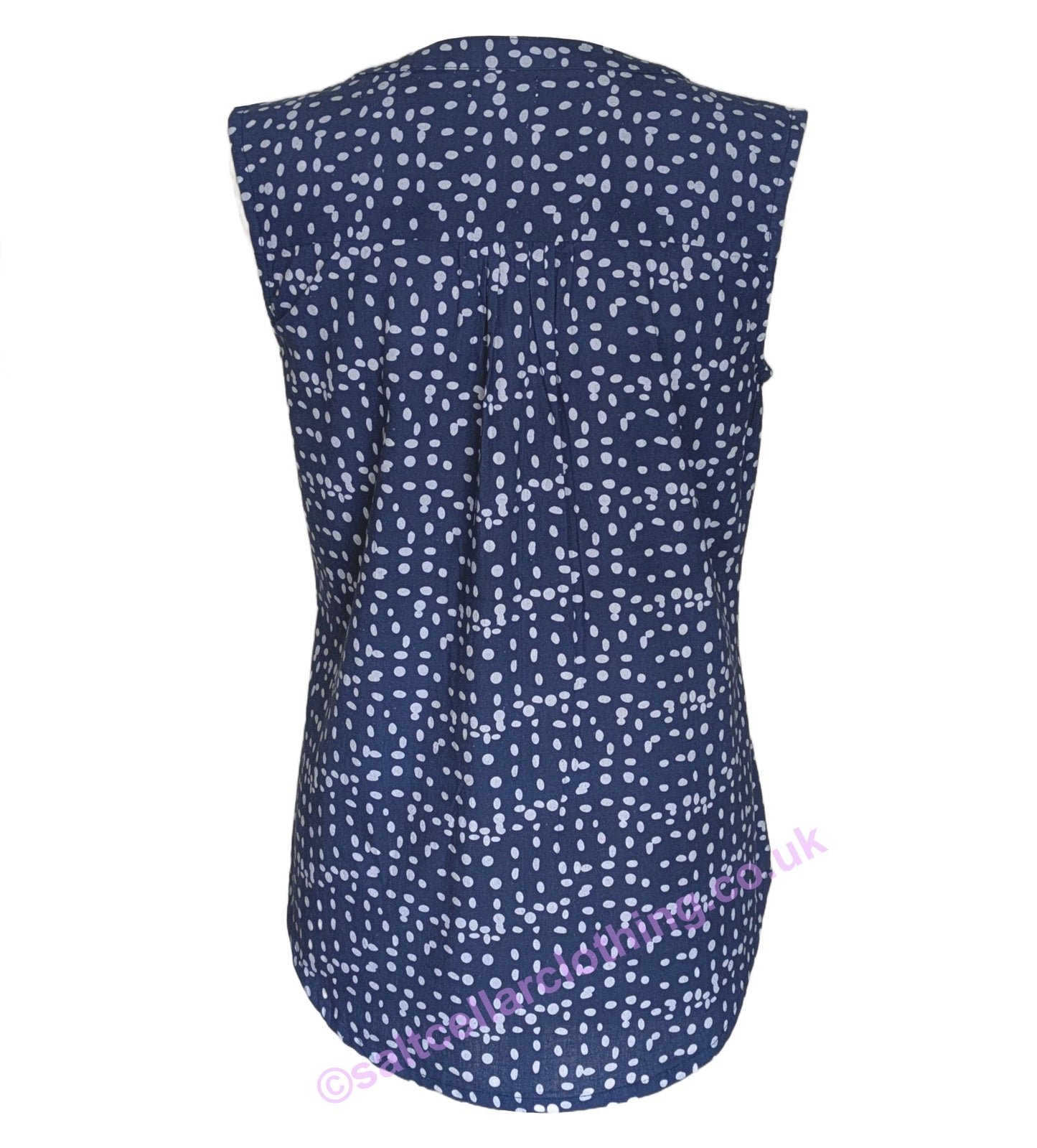 Back view of a Mudd & Water womens sleeveless Sunrise Blouse in navy with a white dot pattern on a white background