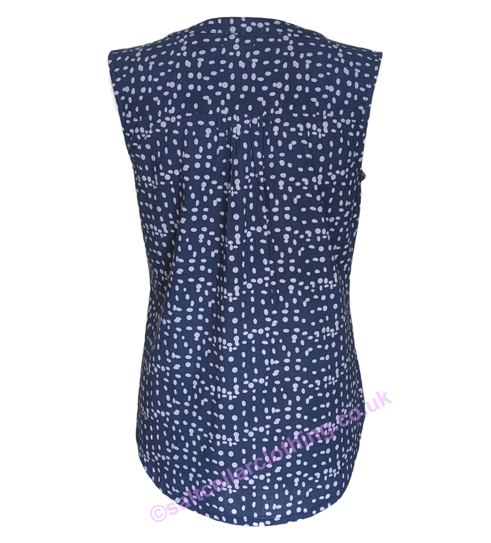 Back view of a Mudd & Water womens sleeveless Sunrise Blouse in navy with a white dot pattern on a white background
