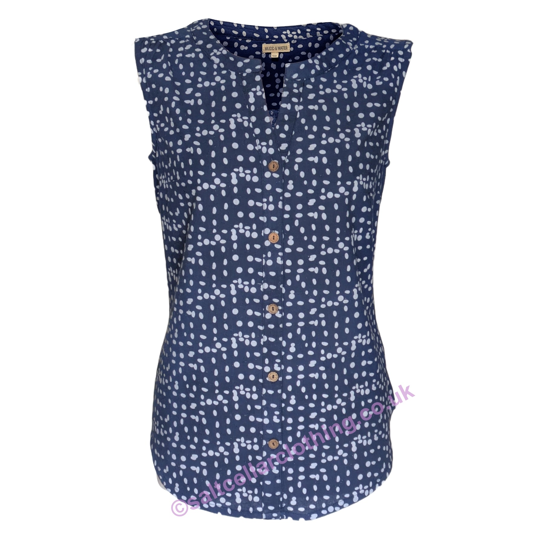 Front view of a womens Mudd & Water sleeveless Sunrrise Blouse in navy with a dot pattern and buttons down the front on a white background