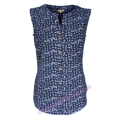 Front view of a womens Mudd & Water sleeveless Sunrrise Blouse in navy with a dot pattern and buttons down the front on a white background