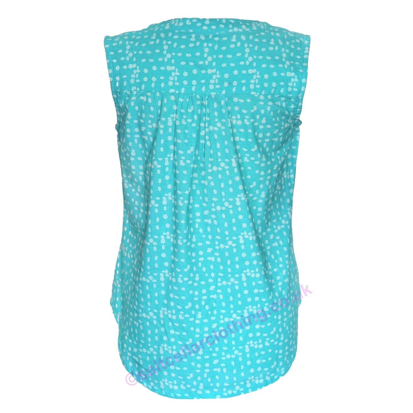 Back view of a Mudd & Water womens sleeveless Sunrise Blouse in ceramic turquoise with a dotty pattern on a white background