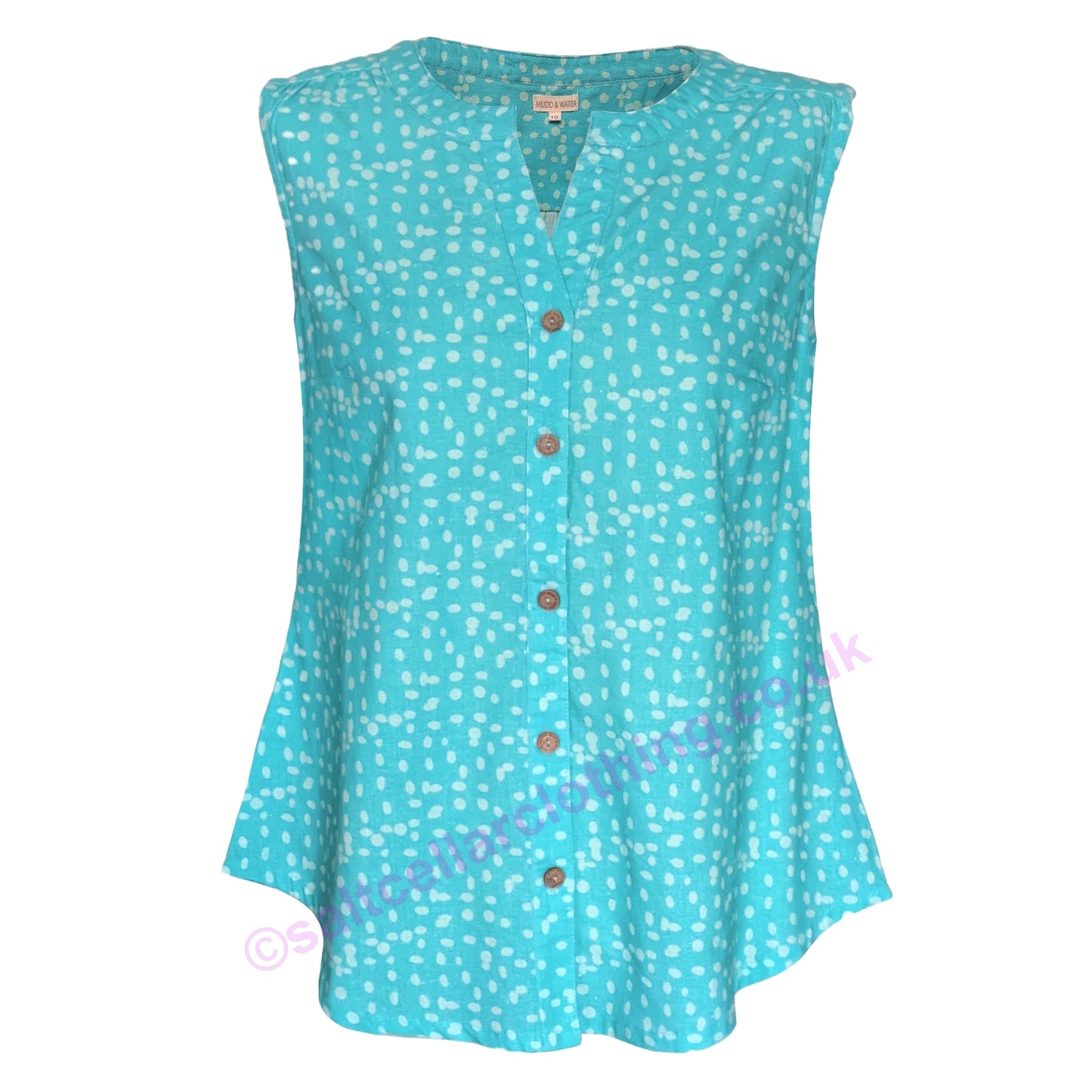 Front view of a womens Mudd & Water sleeveless Sunrise Blouse in Ceramic Turquoise with a dotty pattern and button front on a white background