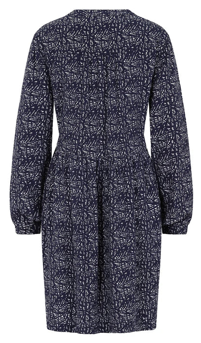 Back view of Mudd and Water womens tunic navy with long sleeves and abstract pattern