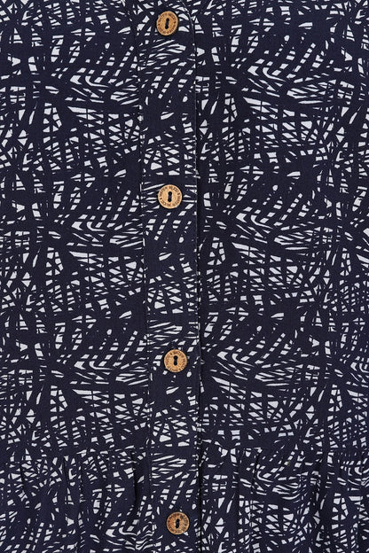 Close-up of Mudd and Water womens tunic navy with abstract pattern and wooden buttons