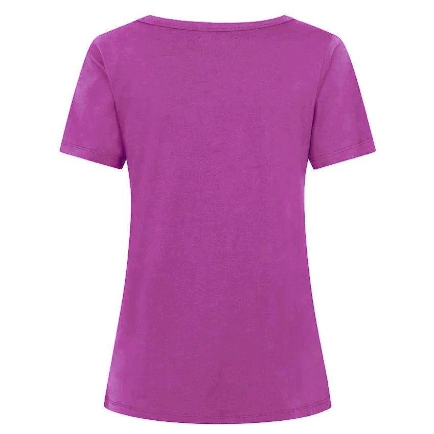 Back view of a womens Mudd & Water short sleeve 'Aqua' style tee in Aster Purple on a white background