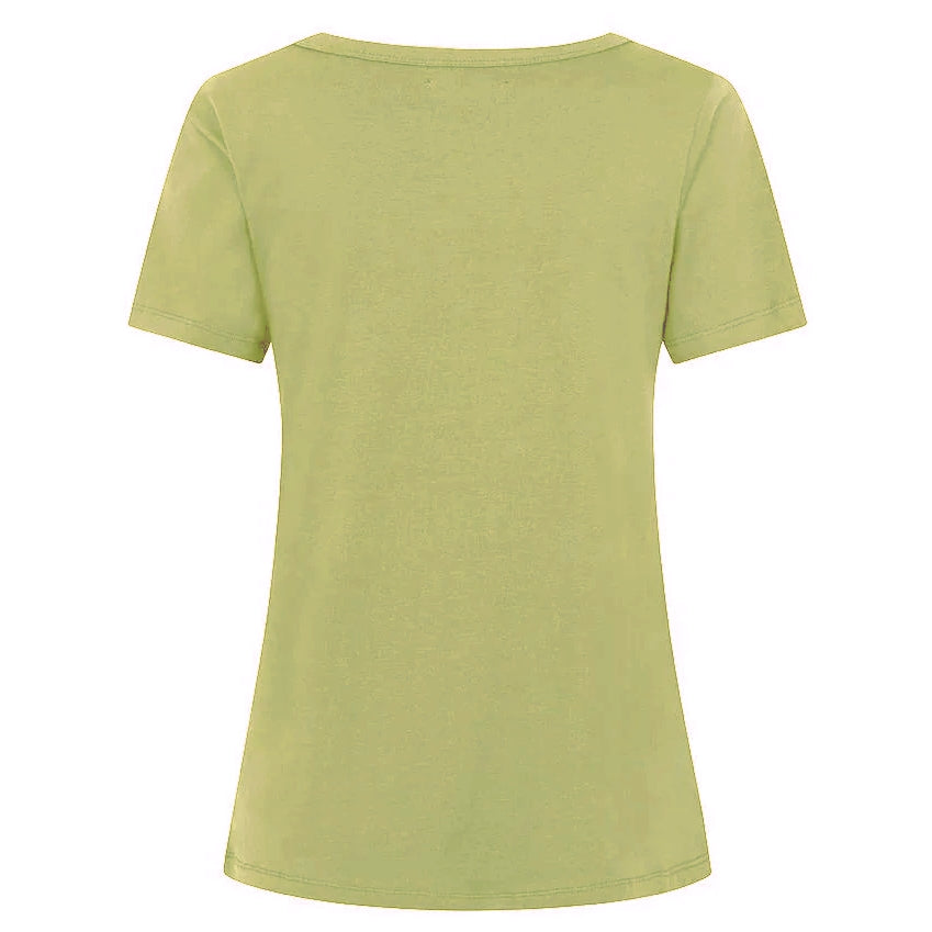 Back view of a womens short sleeve Olive Green t-shirt on a white background
