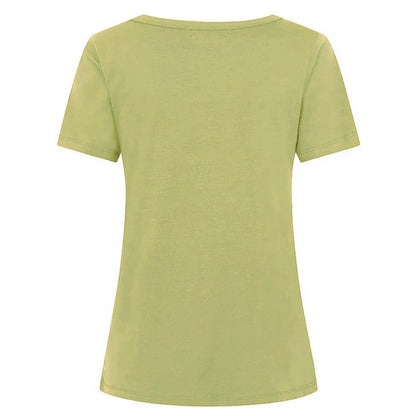 Back view of a womens short sleeve Olive Green t-shirt on a white background