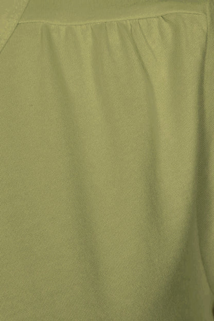 Close-up of a Mudd and Water womens olive green t-shirt with pleated shoulder detail.