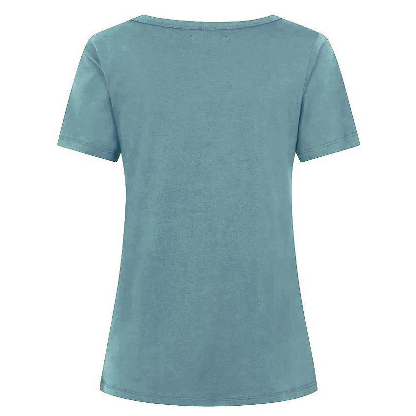 Back view of a womens Mudd & Water 'Aqua' short sleeve tee in Teal on a white background.