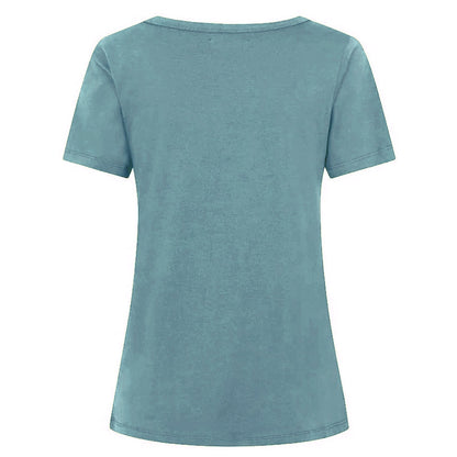 Back view of a womens Mudd & Water 'Aqua' short sleeve tee in Teal on a white background.