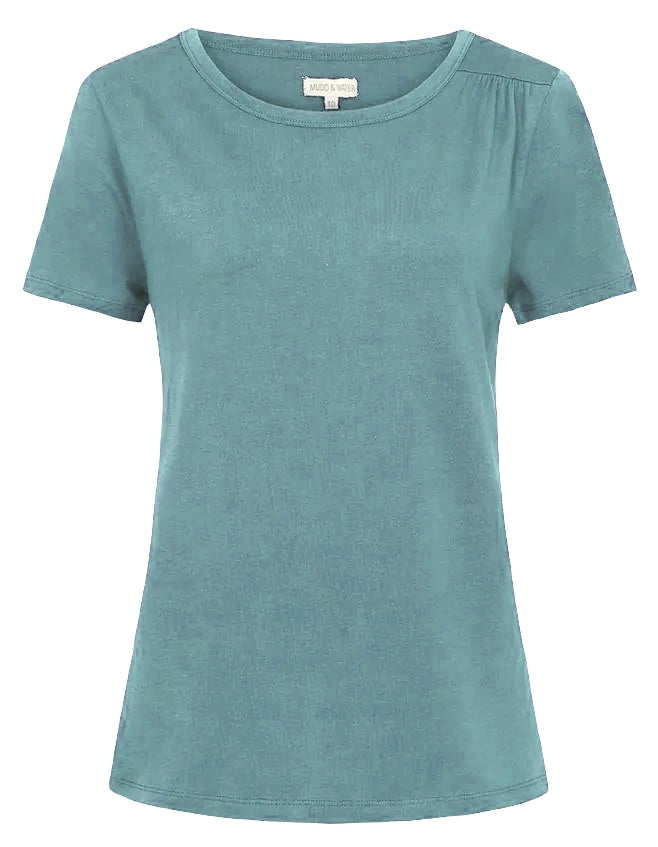 Front view of a womens Mudd & Water short sleeve 'Aqua' t-shirt in Teal on a white background