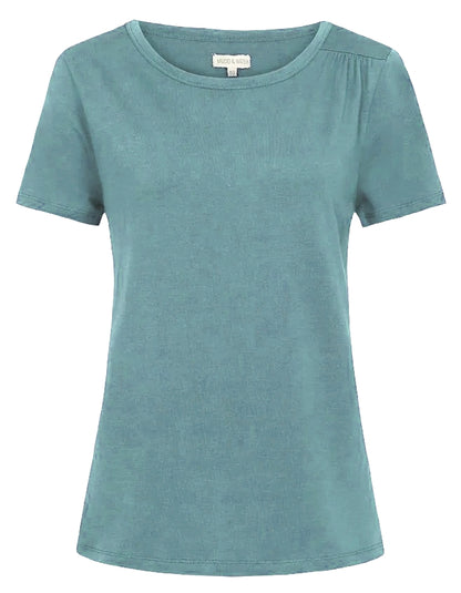 Front view of a womens Mudd & Water short sleeve 'Aqua' t-shirt in Teal on a white background