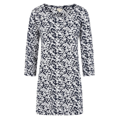 Front view of a Mudd Water womens Francoise floral tunic navy with white flower print and three-quarter sleeves