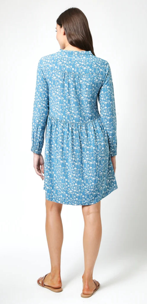 Women's long sleeve tunic from Mudd & Water in Teal Blue Meadow print with mandarin collar and gathered fabric waistline.