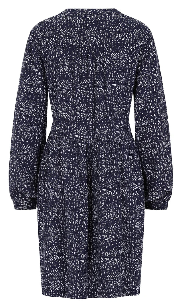 Women's Cellini tunic from Mudd & Water with long sleeves, mandarin collar neckline, in navy with an abstract white print.