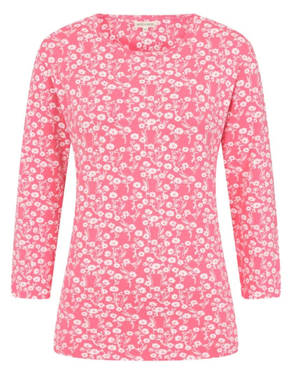 Mudd & Water women's 3/4 sleeve Fern top in Pink with a floral Meadow print.