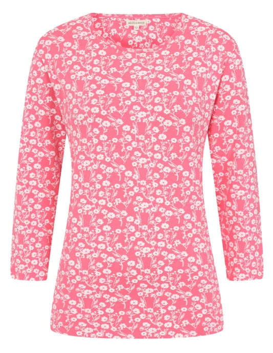 Mudd & Water women's 3/4 sleeve Fern top in Pink with a floral Meadow print.