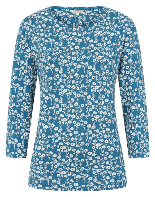 Mudd & Water women's 3/4 sleeve Fern top in Teal Blue with a floral Meadow print.