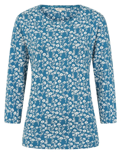 Mudd & Water women's 3/4 sleeve Fern top in Teal Blue with a floral Meadow print.