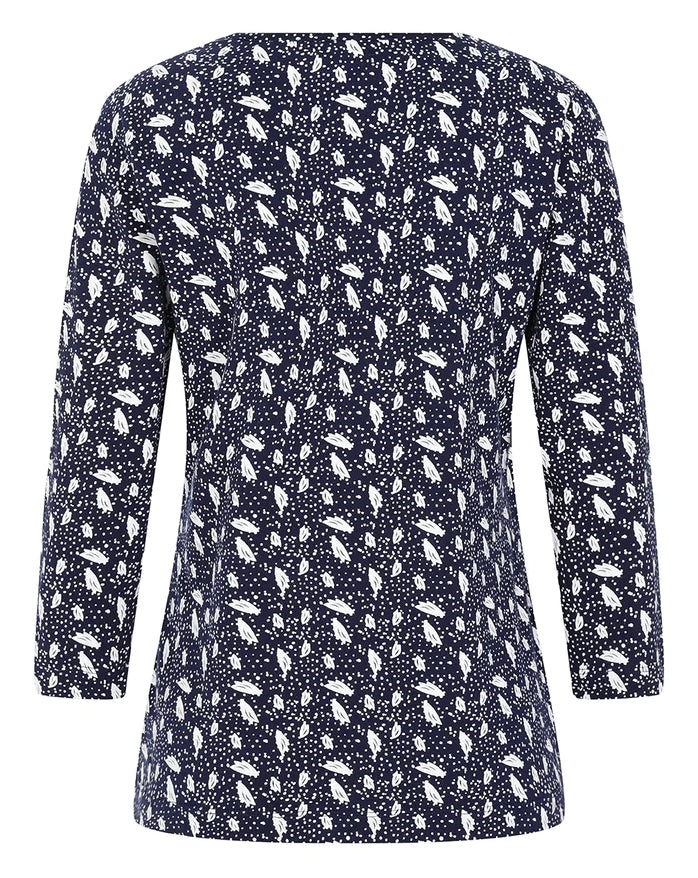 Women's Fern Top from Mudd and Water, a 3/4 sleeve tee in Navy with a polka dot and leaf print.