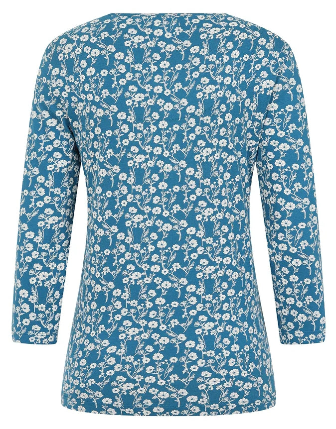 Women's Mudd & Water Fern top in Teal Blue with a white Meadow floral print.