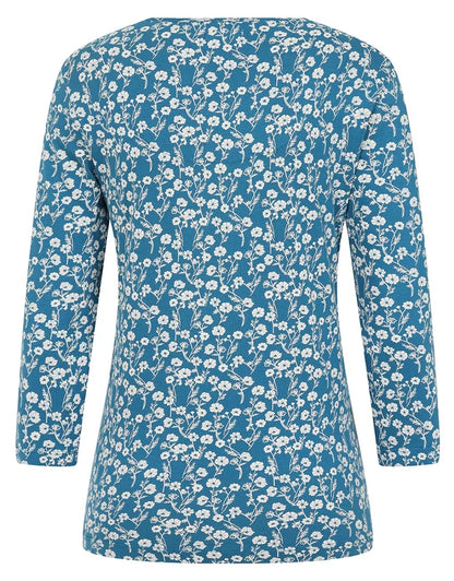 Women's Mudd & Water Fern top in Teal Blue with a white Meadow floral print.