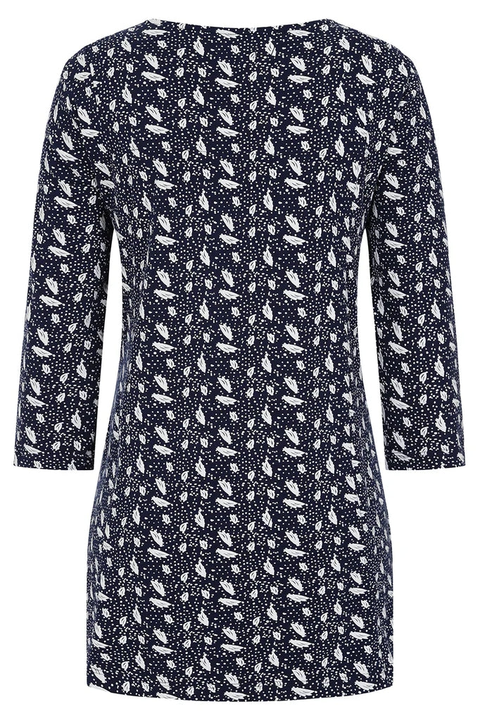 Women's Francoise tunnic from Mudd and Water in Navy with a white polka dot and abstract leaf pattern, round neckline and 3/4 length sleeves.