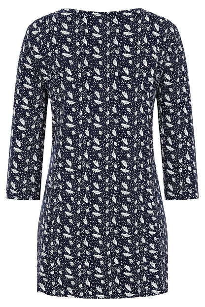 Women's Francoise tunnic from Mudd and Water in Navy with a white polka dot and abstract leaf pattern, round neckline and 3/4 length sleeves.