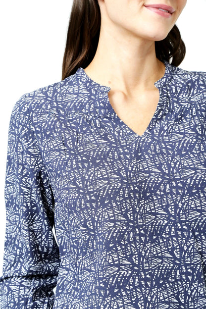 Navy and white abstract print women's Bailey Blouse from Mudd & Water with v-shape mandarin collar neckline.