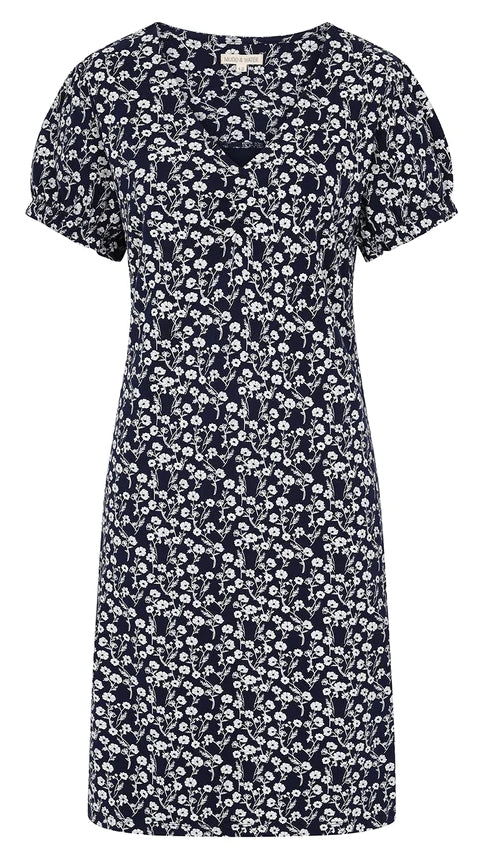 Mudd & Water women's short sleeve Florina dress in Navy with a white meadow floral print. 