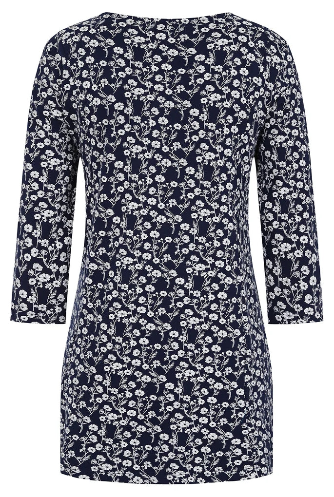 Women's Francoise tunnic from Mudd and Water in Navy with a white floral Meadow pattern, round neckline and 3/4 length sleeves.
