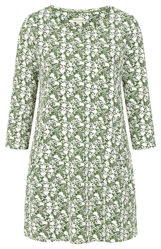 Women's three quarter sleeve Francoise tunic from Mudd and Water in a green and white floral foliage style print.