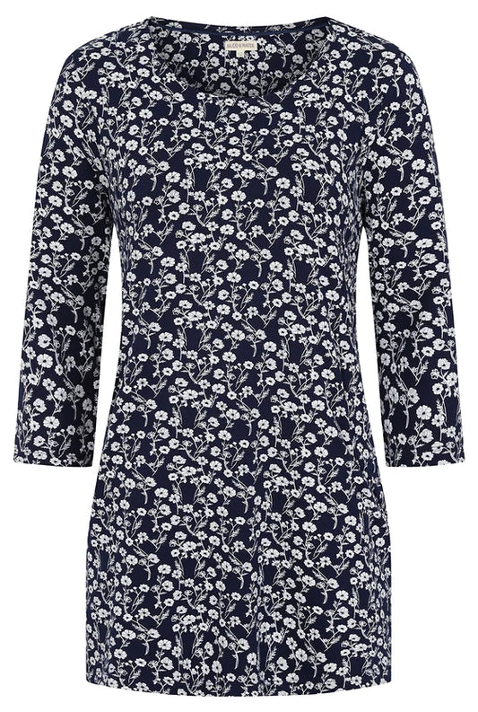 Mudd & Water women's 3/4 sleeve Francoise tunic in Navy with a white floral Meadow print.