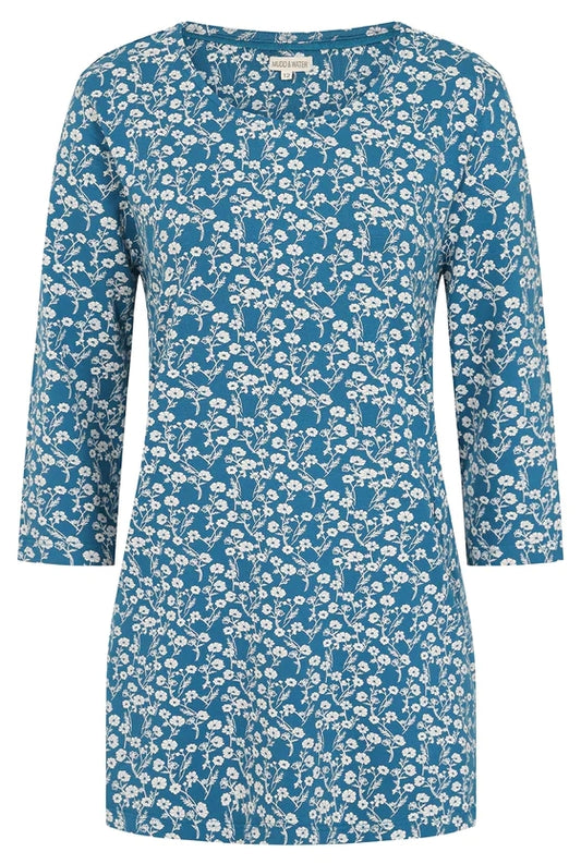 Mudd & Water women's 3/4 sleeve Francoise tunic in Teal Blue with a white floral Meadow print.