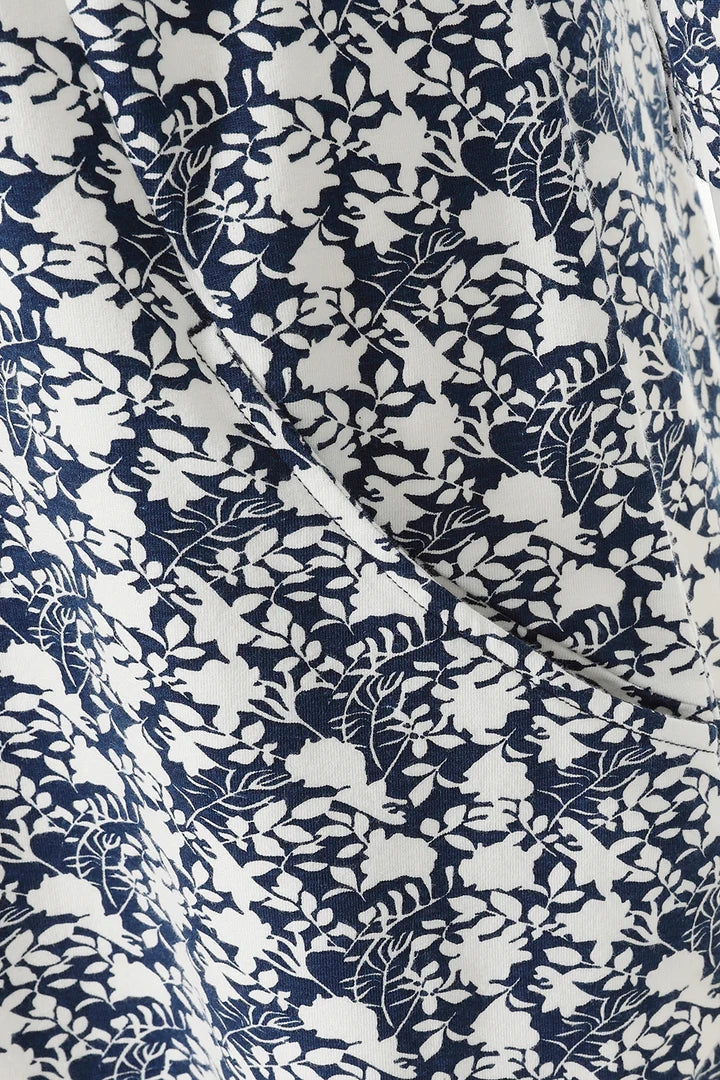 White and Navy floral style Foliage printed women's organic cotton Francoice tunic from Mudd & Water.