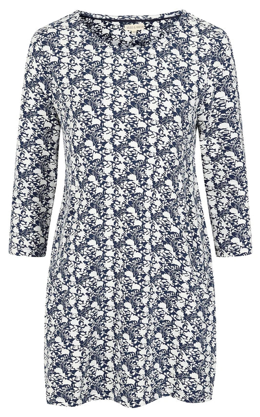 Women's three quarter sleeve Francoise tunic from Mudd and Water in a navy and white floral foliage style print.