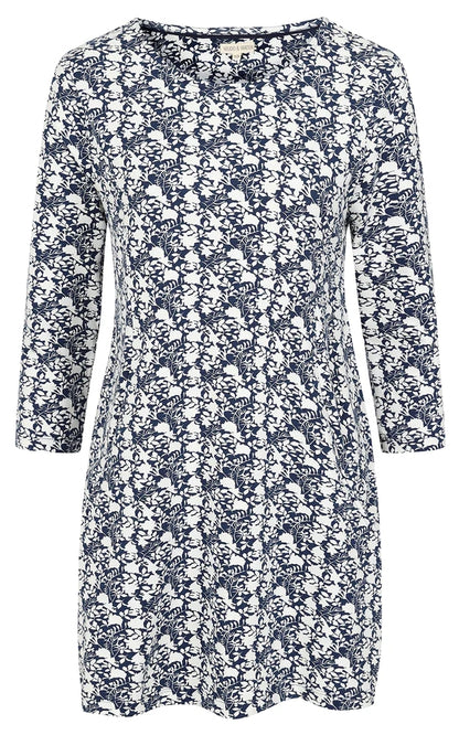 Women's three quarter sleeve Francoise tunic from Mudd and Water in a navy and white floral foliage style print.