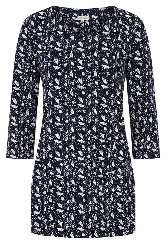 Mudd & Water women's 3/4 sleeve Francoise tunic in Navy with a white polka dot and abstract leaf print.