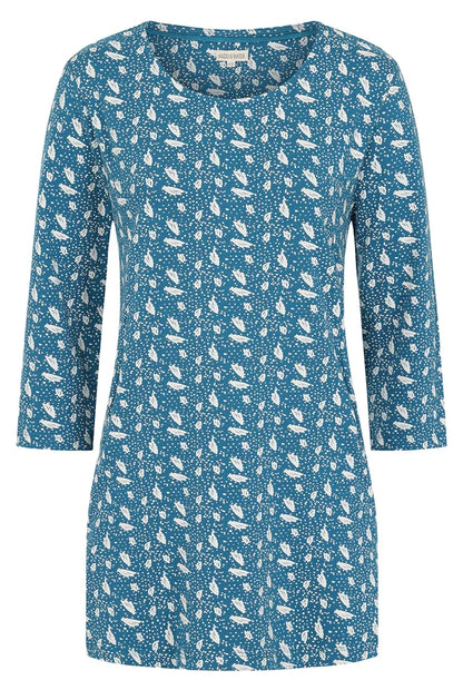 Mudd & Water women's 3/4 sleeve Francoise tunic in Teal Blue with a white polka dot and abstract leaf print.