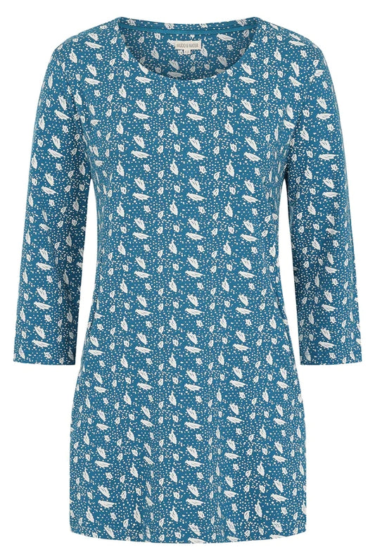 Mudd & Water women's 3/4 sleeve Francoise tunic in Teal Blue with a white polka dot and abstract leaf print.