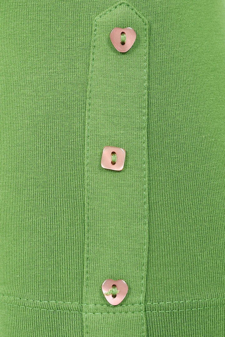 Mudd & Water women's Island leggings in Opaline Green with heart and square buttons.