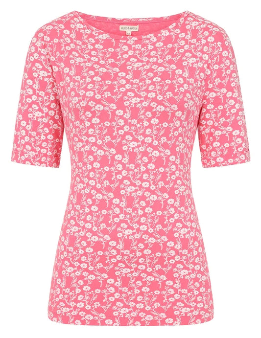 Mudd & Water women's 1/2 sleeve Kendal top in pink meadow floral print.