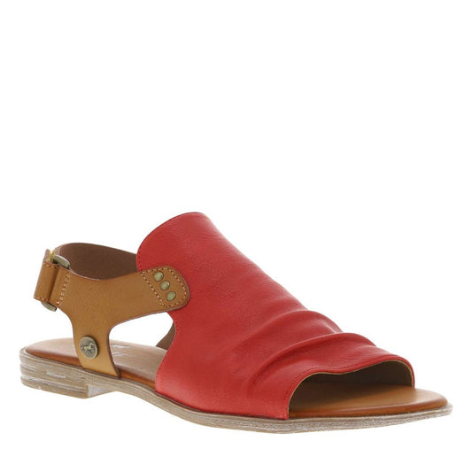 Mustang womens ankle strap sandals red with tan adjustable strap and low wooden heel