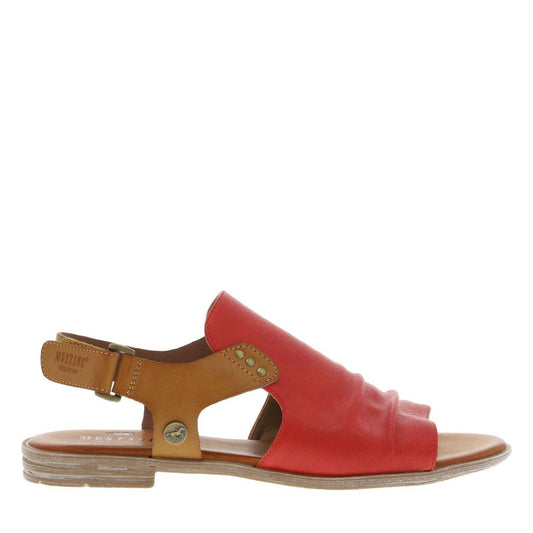 Mustang womens ankle strap sandals red with tan adjustable buckle and comfortable flat sole