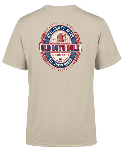 Old Guys Rule mens t-shirt in sand with retro graphic design and text about beer